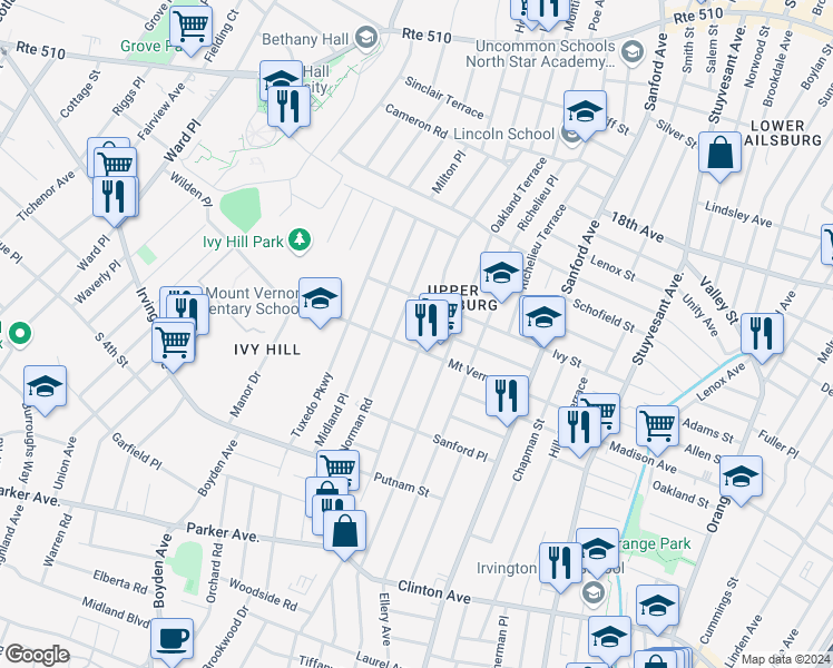map of restaurants, bars, coffee shops, grocery stores, and more near 173-175 Eastern Parkway in Newark
