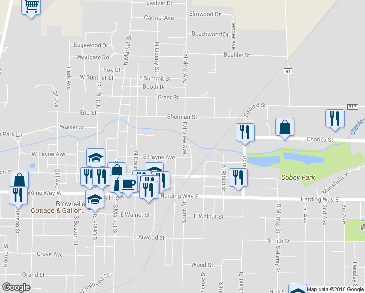 map of restaurants, bars, coffee shops, grocery stores, and more near 328 Fairview Avenue in Galion