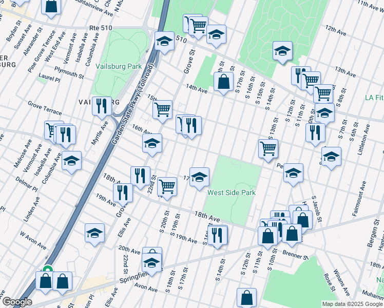 map of restaurants, bars, coffee shops, grocery stores, and more near 571 South 19th Street in Newark