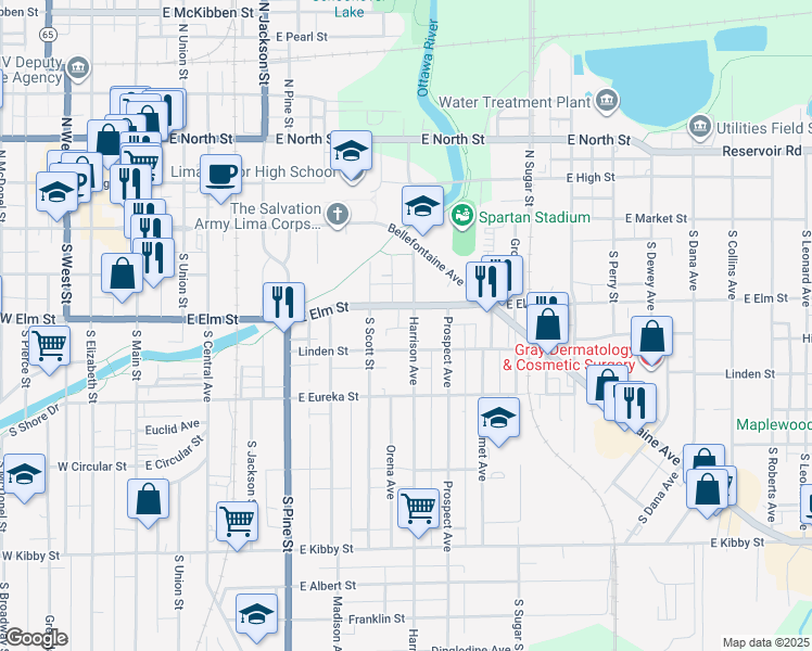 map of restaurants, bars, coffee shops, grocery stores, and more near 222 Harrison Avenue in Lima