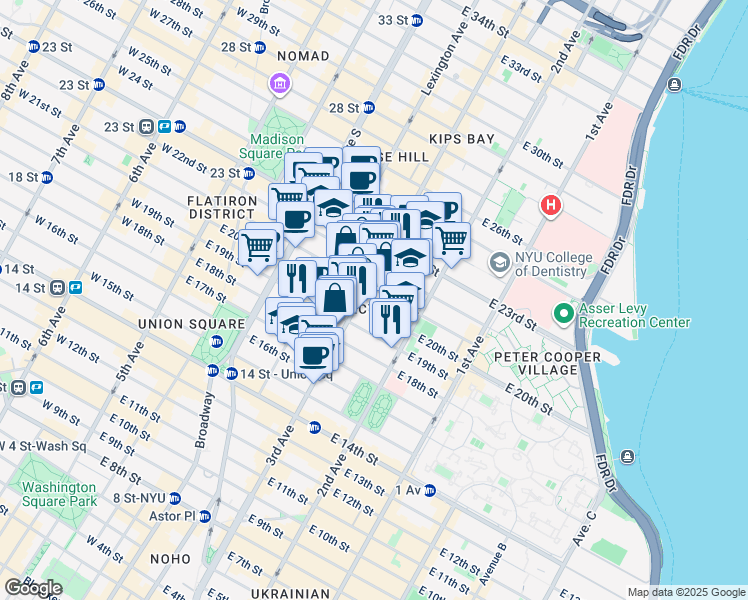 map of restaurants, bars, coffee shops, grocery stores, and more near 210 East 22nd Street in New York