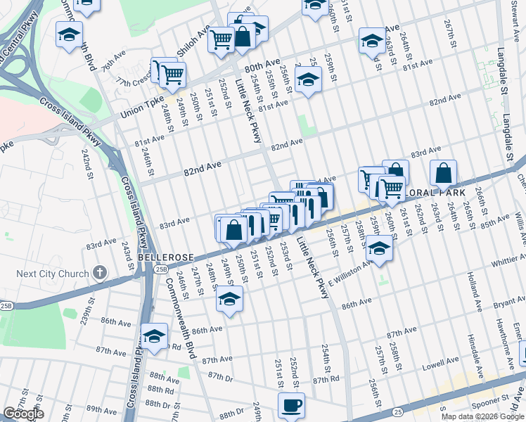 map of restaurants, bars, coffee shops, grocery stores, and more near 83-19 252nd Street in Queens