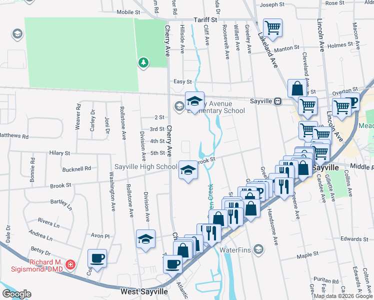 map of restaurants, bars, coffee shops, grocery stores, and more near 172 Lorraine Circle in West Sayville