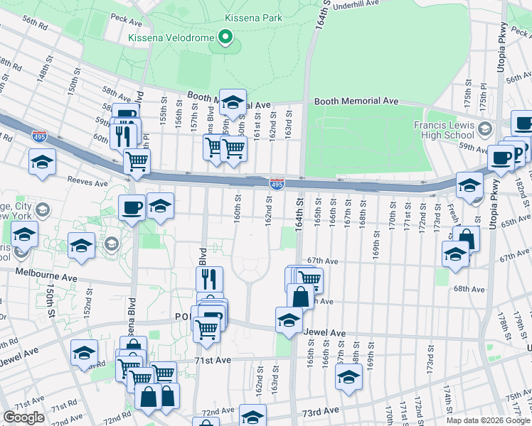 map of restaurants, bars, coffee shops, grocery stores, and more near 61-50 162nd Street in Queens
