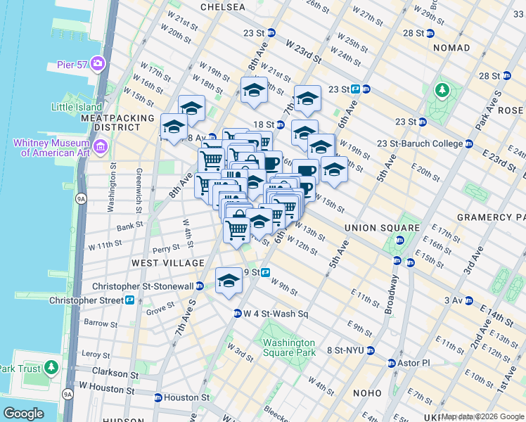 map of restaurants, bars, coffee shops, grocery stores, and more near 157 West 12th Street in New York