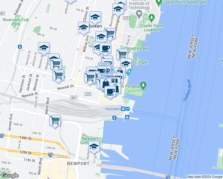 map of restaurants, bars, coffee shops, grocery stores, and more near 5 Marine View Plaza in Hoboken