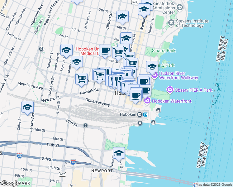 map of restaurants, bars, coffee shops, grocery stores, and more near 163 Newark Street in Hoboken