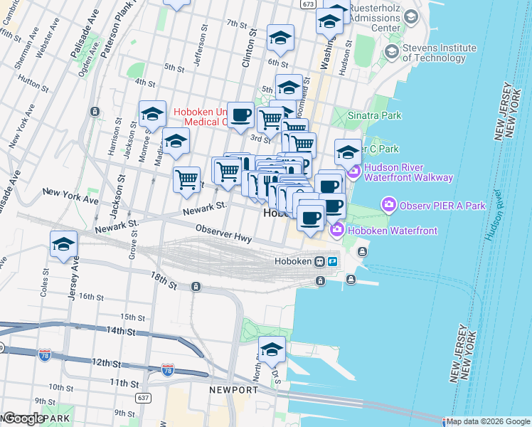 map of restaurants, bars, coffee shops, grocery stores, and more near 163 Newark Street in Hoboken