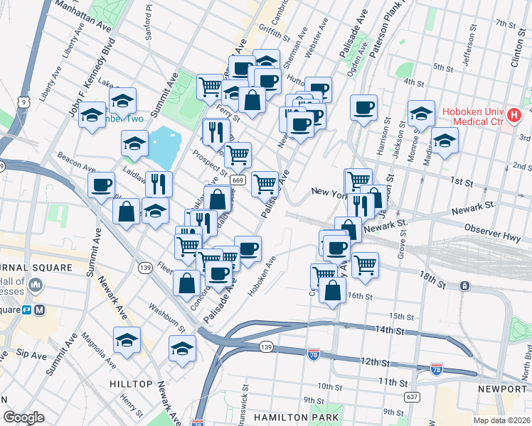 map of restaurants, bars, coffee shops, grocery stores, and more near 235 Palisade Avenue in Jersey City