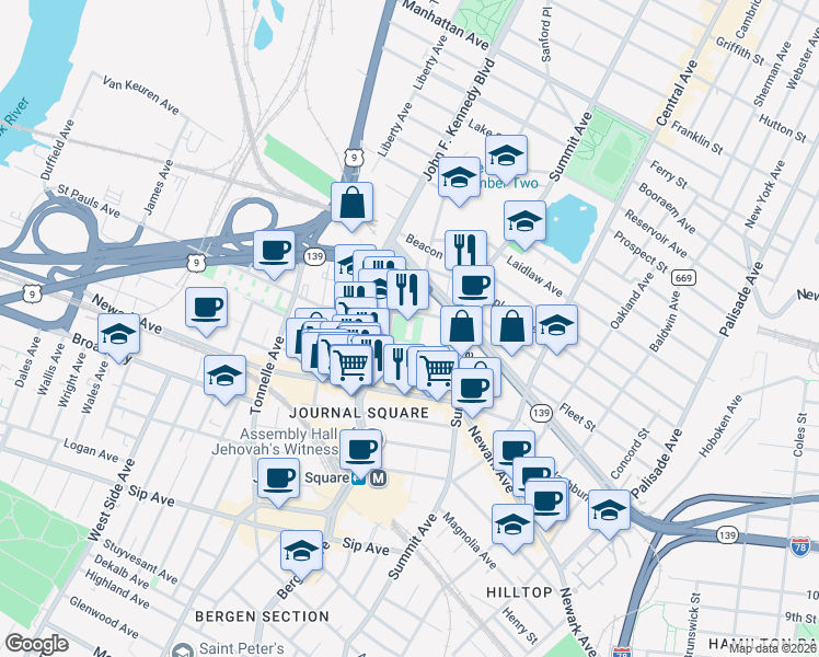 map of restaurants, bars, coffee shops, grocery stores, and more near 225 Saint Pauls Avenue in Jersey City