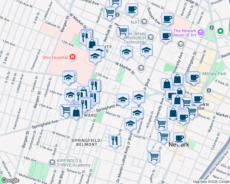 map of restaurants, bars, coffee shops, grocery stores, and more near 59 South Orange Avenue in Newark