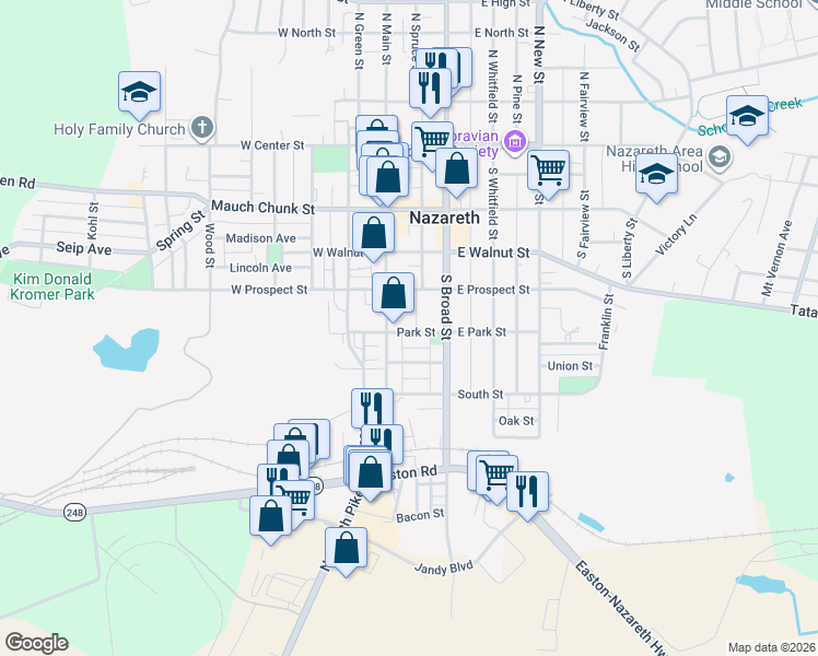 map of restaurants, bars, coffee shops, grocery stores, and more near 41 Park Street in Nazareth