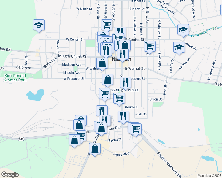 map of restaurants, bars, coffee shops, grocery stores, and more near 41 Park Street in Nazareth