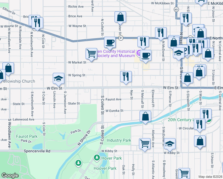 map of restaurants, bars, coffee shops, grocery stores, and more near 735 West Elm Street in Lima