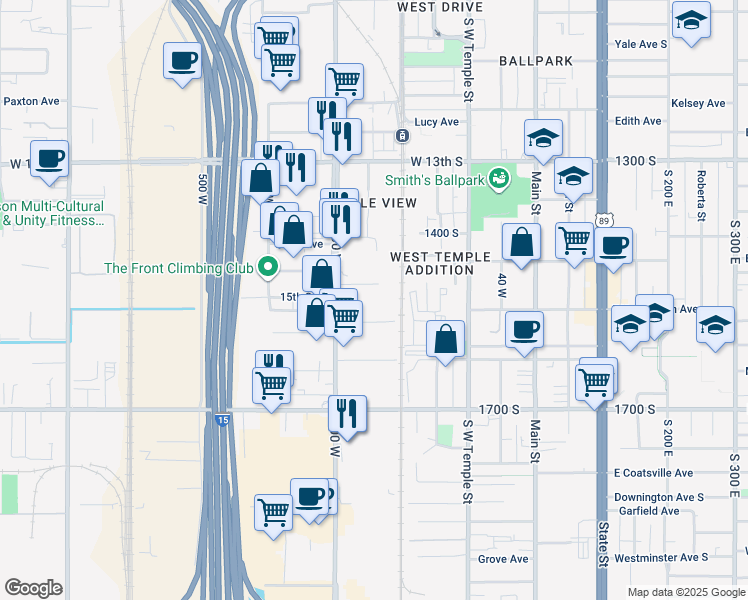 map of restaurants, bars, coffee shops, grocery stores, and more near 275 High Avenue in Salt Lake City