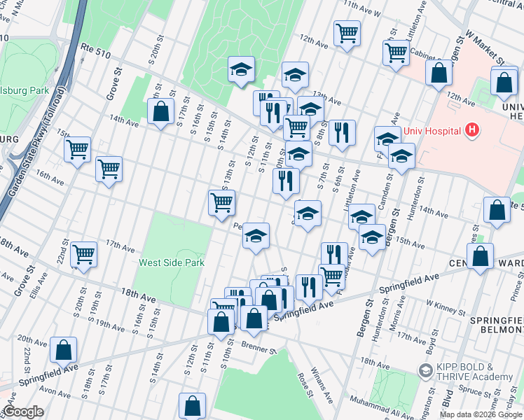 map of restaurants, bars, coffee shops, grocery stores, and more near 449 S 10th St in Newark