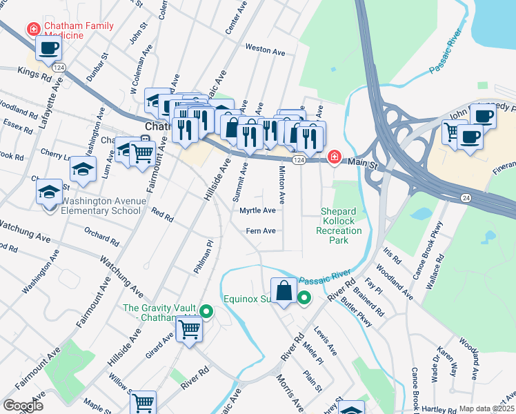 map of restaurants, bars, coffee shops, grocery stores, and more near 17 Myrtle Avenue in Chatham