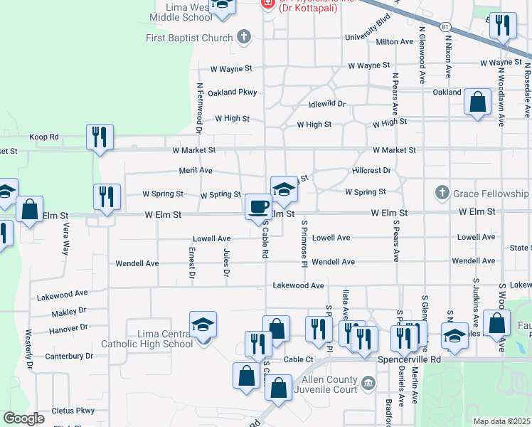 map of restaurants, bars, coffee shops, grocery stores, and more near 2301 West Elm Street in Lima