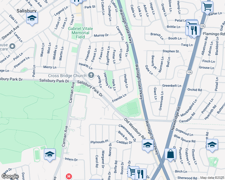 map of restaurants, bars, coffee shops, grocery stores, and more near 36 Hark Ln in Westbury