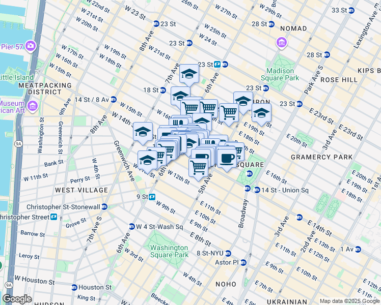 map of restaurants, bars, coffee shops, grocery stores, and more near 31 West 14th Street in New York