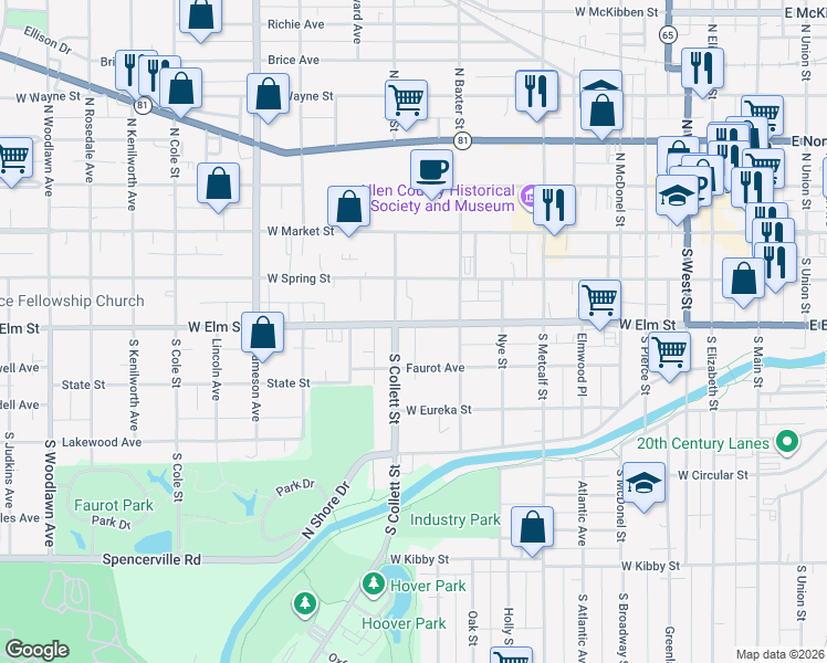 map of restaurants, bars, coffee shops, grocery stores, and more near 735 West Elm Street in Lima