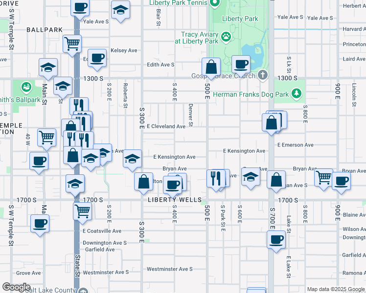 map of restaurants, bars, coffee shops, grocery stores, and more near 422 East Emerson Avenue in Salt Lake City