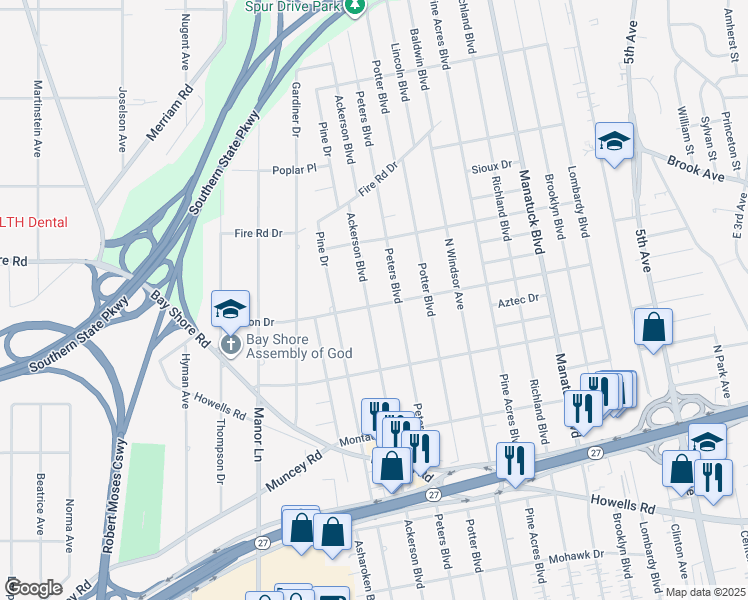 map of restaurants, bars, coffee shops, grocery stores, and more near 1381 Ackerson Boulevard in Bay Shore