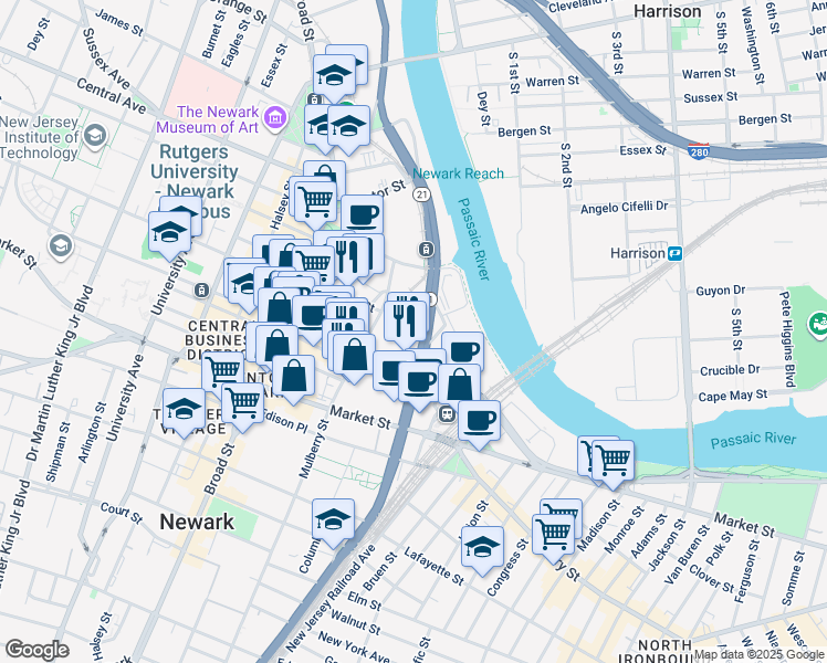 map of restaurants, bars, coffee shops, grocery stores, and more near 841 McCarter Highway in Newark