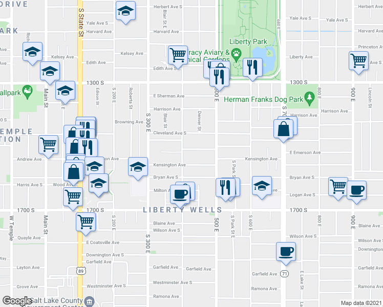 map of restaurants, bars, coffee shops, grocery stores, and more near 422 East Emerson Avenue in Salt Lake City