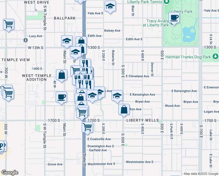 map of restaurants, bars, coffee shops, grocery stores, and more near 207 Kensington Avenue in Salt Lake City