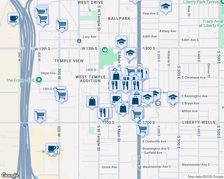 map of restaurants, bars, coffee shops, grocery stores, and more near 1491 Richards Street in Salt Lake City