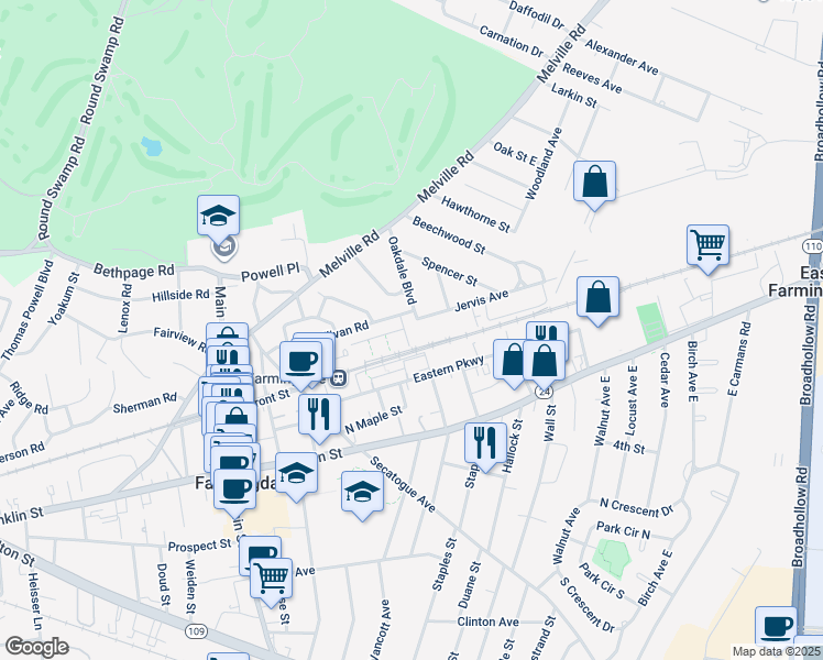 map of restaurants, bars, coffee shops, grocery stores, and more near 15 Ivy Street in Farmingdale