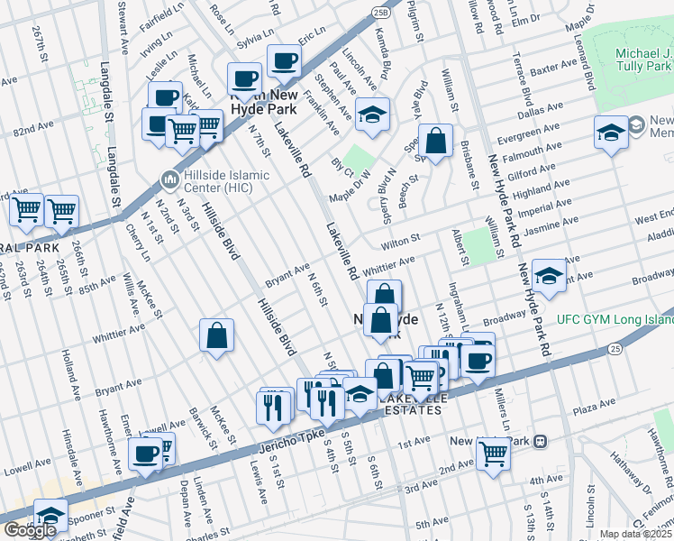 map of restaurants, bars, coffee shops, grocery stores, and more near 570 North 7th Street in New Hyde Park