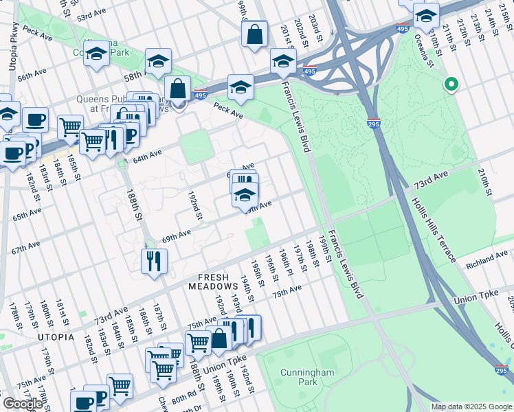 map of restaurants, bars, coffee shops, grocery stores, and more near 196-66 69th Avenue in Queens