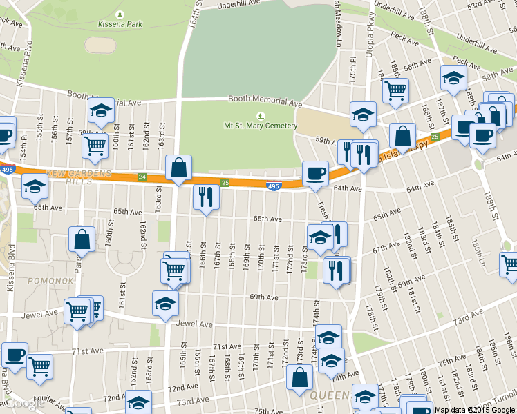 map of restaurants, bars, coffee shops, grocery stores, and more near 61-43 169th Street in Queens