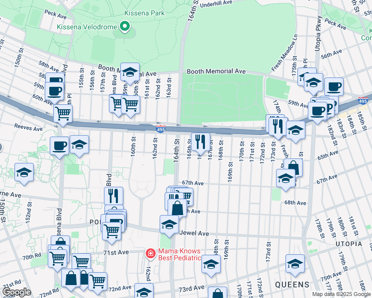 map of restaurants, bars, coffee shops, grocery stores, and more near 61-49 164th Street in Queens