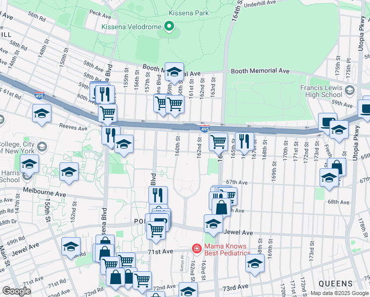 map of restaurants, bars, coffee shops, grocery stores, and more near 161-03 65th Avenue in Queens