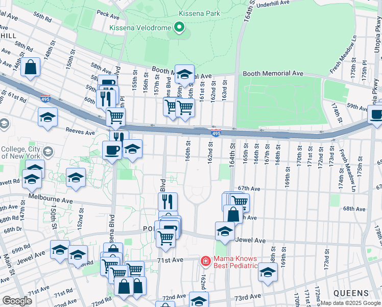 map of restaurants, bars, coffee shops, grocery stores, and more near 159-17 65th Avenue in Queens