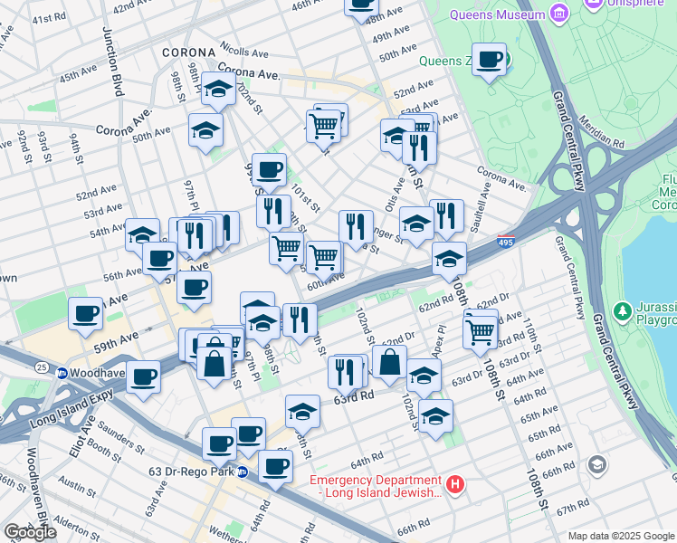 map of restaurants, bars, coffee shops, grocery stores, and more near 45 60th Avenue in Queens
