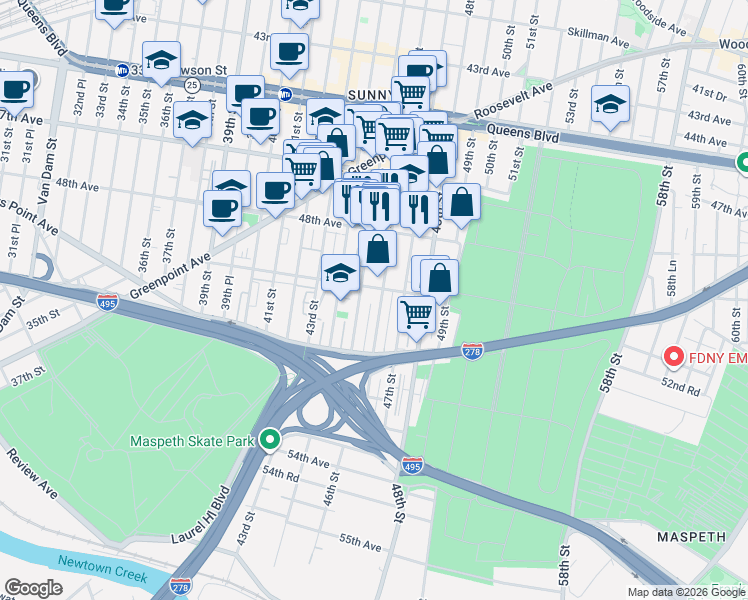 map of restaurants, bars, coffee shops, grocery stores, and more near 50-12 46th Street in Queens