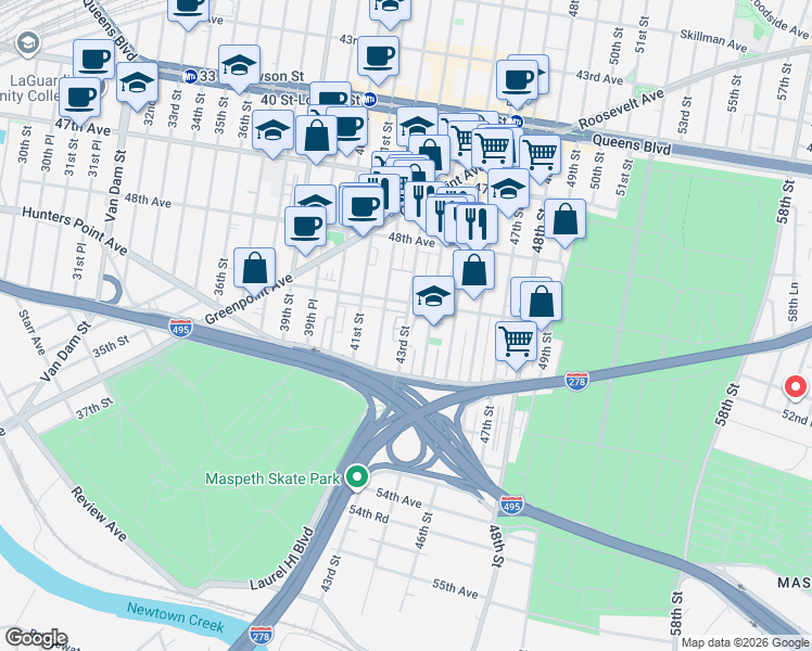 map of restaurants, bars, coffee shops, grocery stores, and more near 50-24 43rd Street in Queens