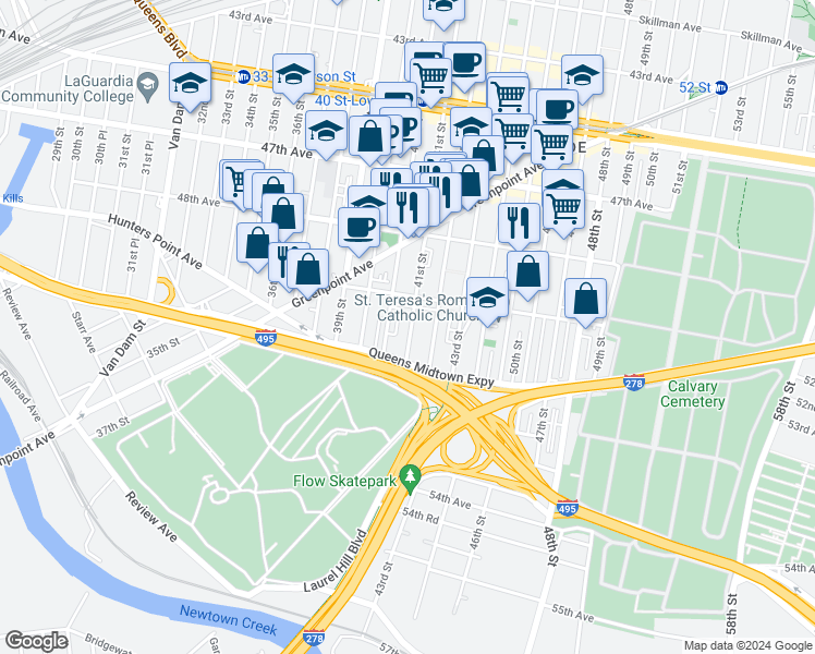 map of restaurants, bars, coffee shops, grocery stores, and more near 50-31 41st Street in Queens