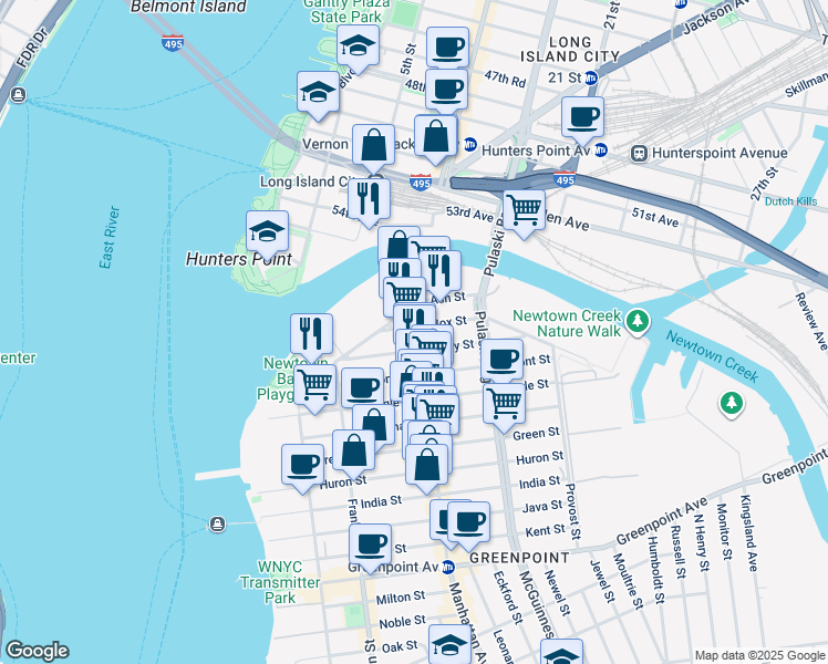 map of restaurants, bars, coffee shops, grocery stores, and more near 1133 Manhattan Avenue in Brooklyn