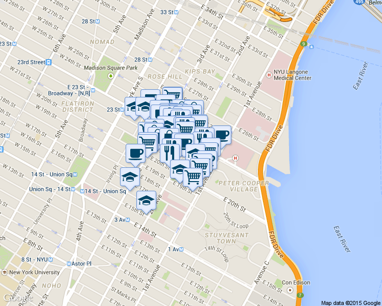 map of restaurants, bars, coffee shops, grocery stores, and more near 380 2nd Avenue in New York
