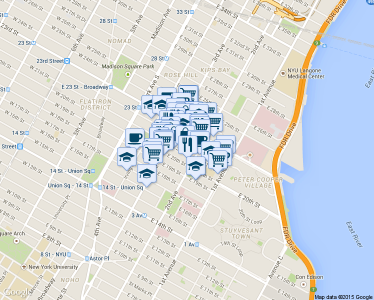map of restaurants, bars, coffee shops, grocery stores, and more near 224 East 21st Street in New York