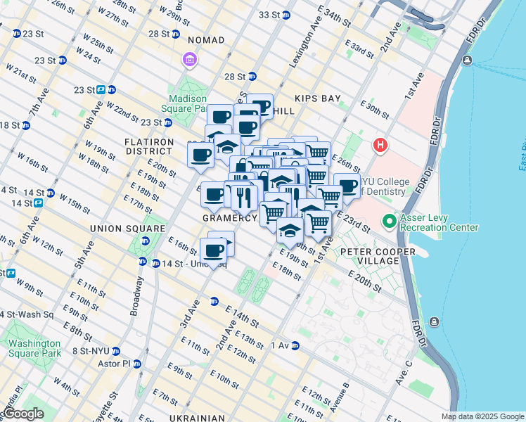 map of restaurants, bars, coffee shops, grocery stores, and more near 224 East 21st Street in New York