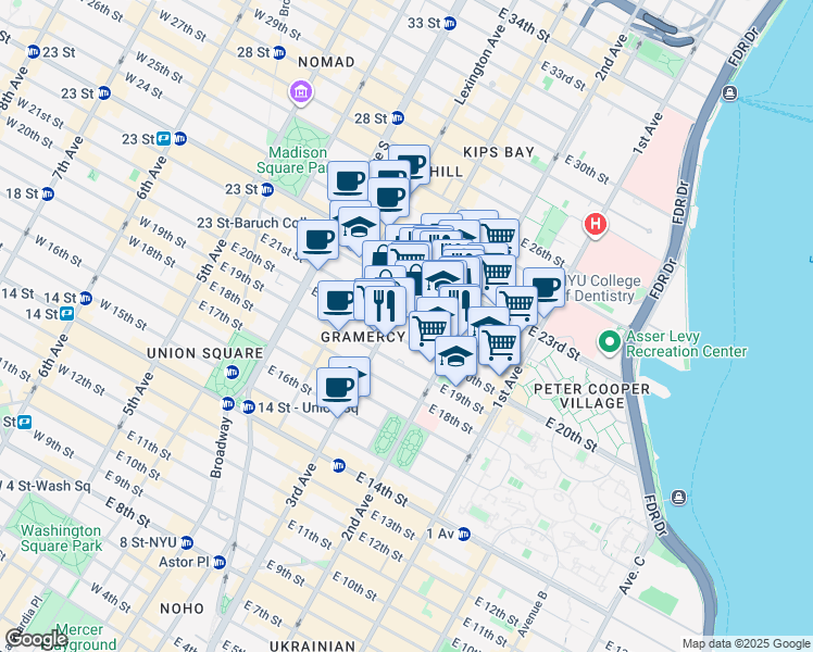 map of restaurants, bars, coffee shops, grocery stores, and more near 224 East 21st Street in New York