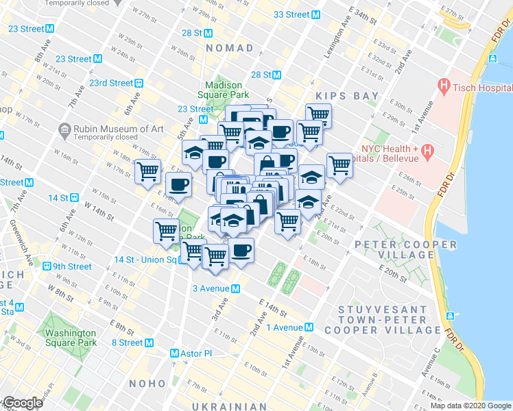 map of restaurants, bars, coffee shops, grocery stores, and more near 127 East 19th Street in New York
