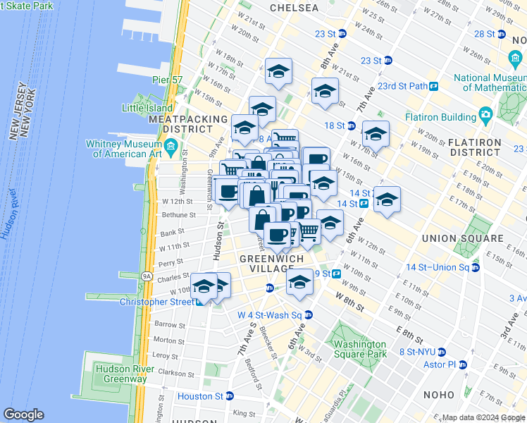 map of restaurants, bars, coffee shops, grocery stores, and more near 18 Bank Street in New York