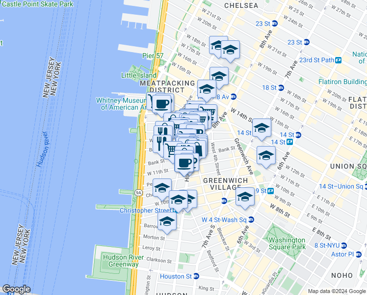 map of restaurants, bars, coffee shops, grocery stores, and more near 20 Bethune Street in New York